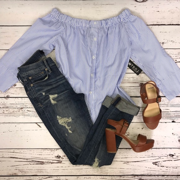 kontrol Tops - Blue Striped Off Shoulder Top
